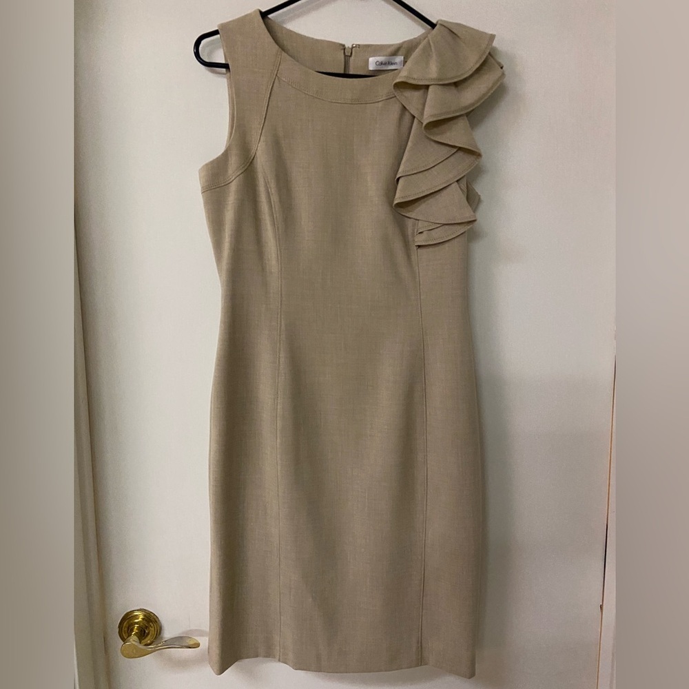 Calvin Klein sleeveless khaki tan ruffled sheath dress size 4